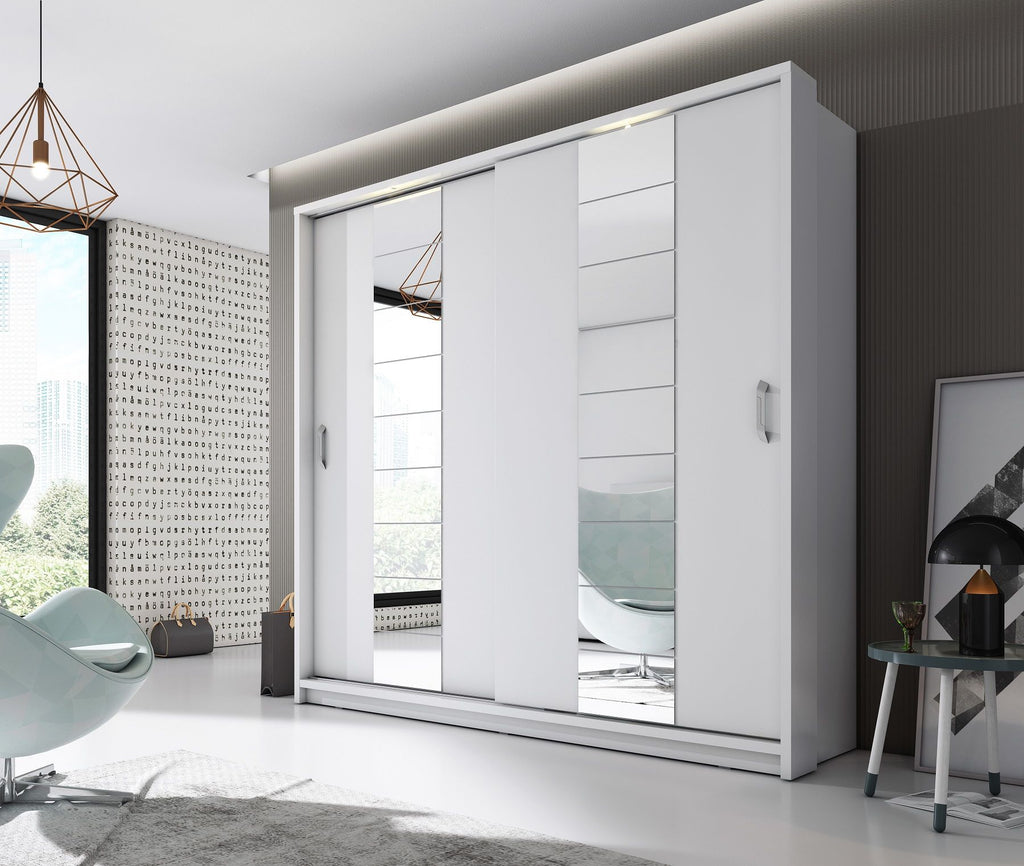 Kleiderschrank A-14, mit Spiegel und LED Beleuchtung . Breite 220. Farbe Weiß Matt