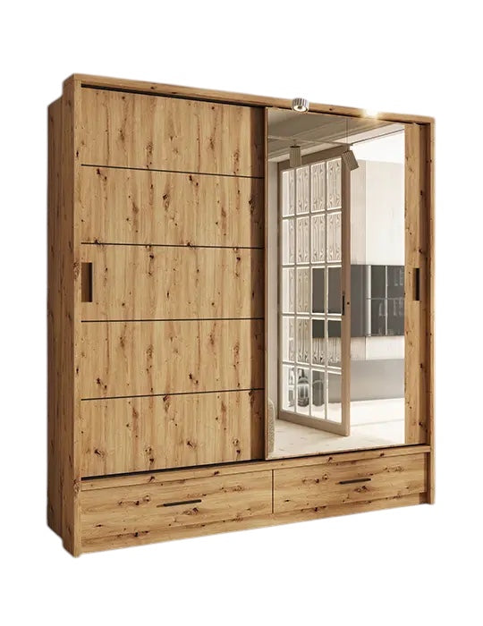 Kleiderschrank A-05, Schwebetürenschrank mit Spiegel, Schubladen , LED. Breite 200cm