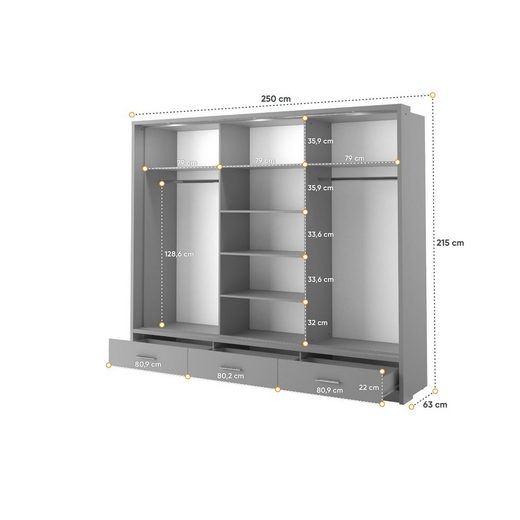 Kleiderschrank A-01, mit Spiegel, LED-Beleuchtung und Schubladen. Farbe wählbar