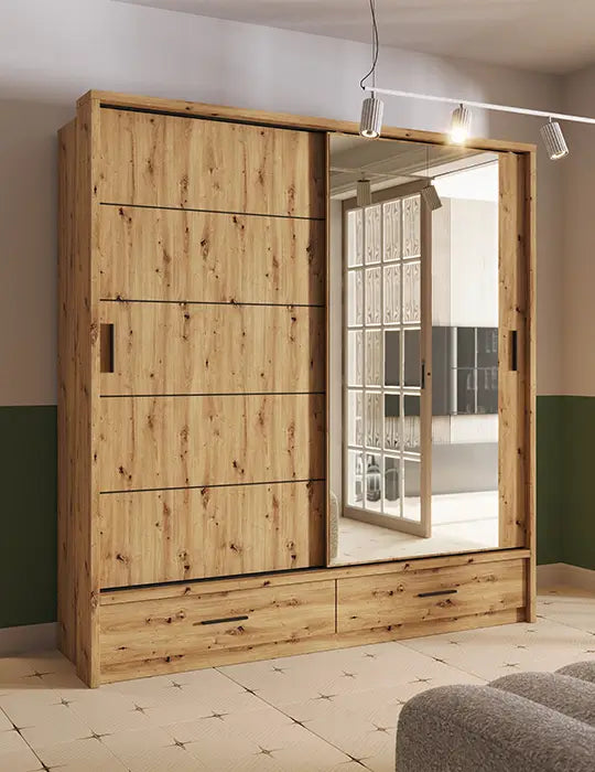 Kleiderschrank A-05, Schwebetürenschrank mit Spiegel, Schubladen , LED. Breite 200cm