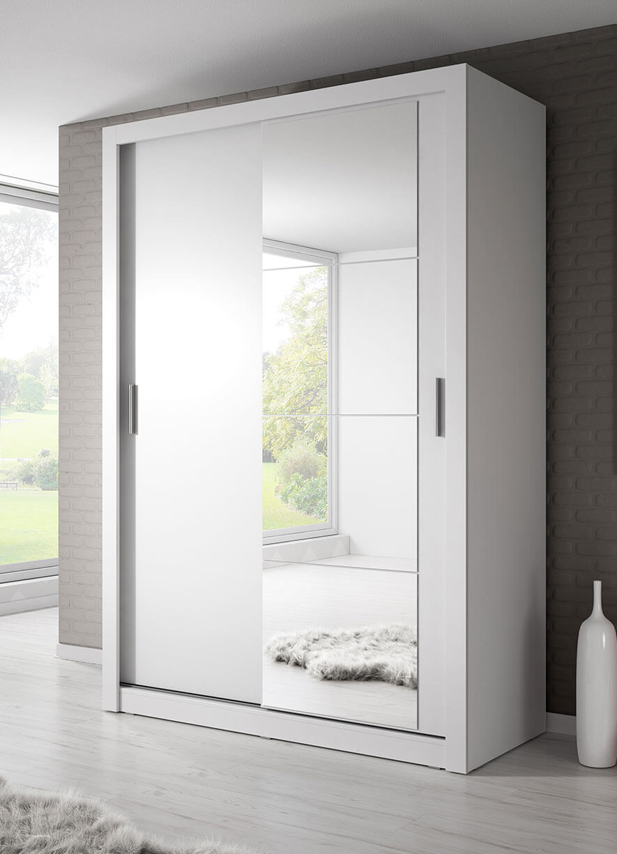 Kleiderschrank A-04, Schwebetürenschrank mit Spiegel. Breite 150 cm. Farbe wählbar