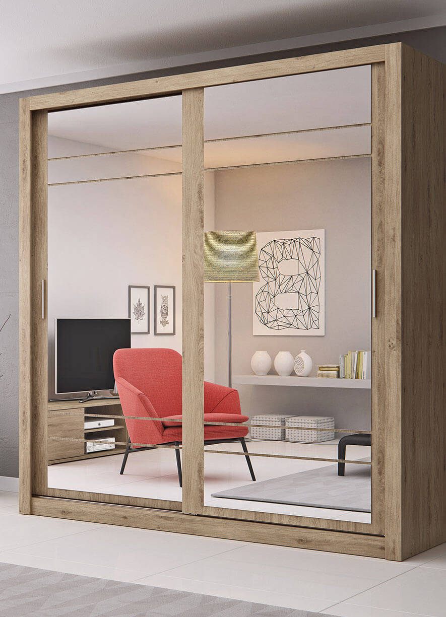 Kleiderschrank A-08, Schwebetürenschrank mit Spiegel. Breite 203 cm. Farbe Shetland