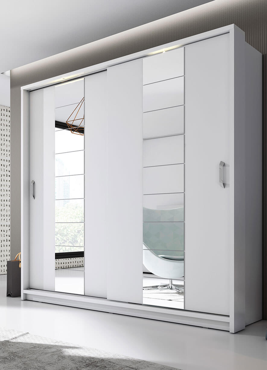 Kleiderschrank A-14, mit Spiegel und LED Beleuchtung . Breite 220. Farbe Weiß Matt