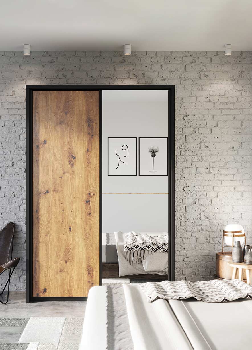 Kleiderschrank A-21, mit Spiegel. Breite 160 cm. Farbe Schwarz/Eiche Artisan