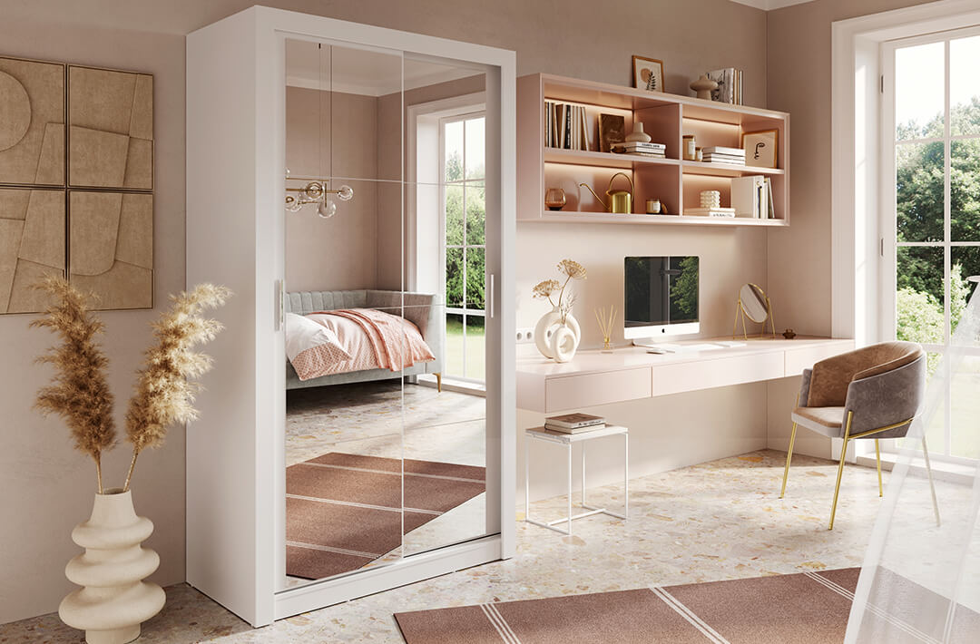 Kleiderschrank A-19, Schwebetürenschrank mit Spiegel. Breite 120 cm. Farbe wählbar
