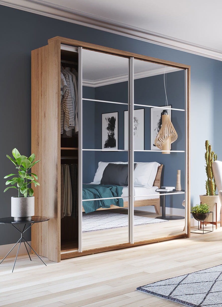 Kleiderschrank A-17, Schwebetürenschrank mit Spiegel. Breite 180 cm. Farbe wählbar