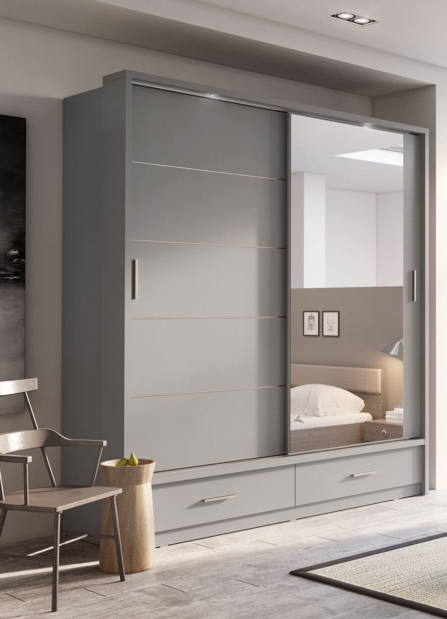 Kleiderschrank A-05, Schwebetürenschrank mit Spiegel, Schubladen , LED. Breite 200cm