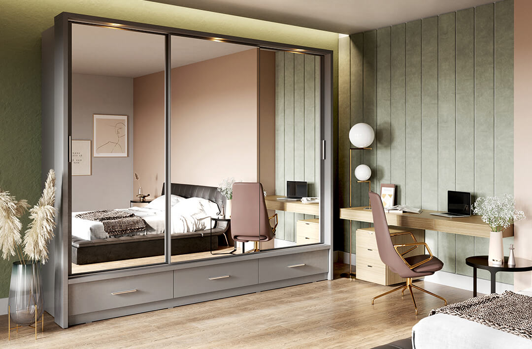 Kleiderschrank A-01-3S, mit Spiegel, LED-Beleuchtung und Schubladen. Farbe wählbar