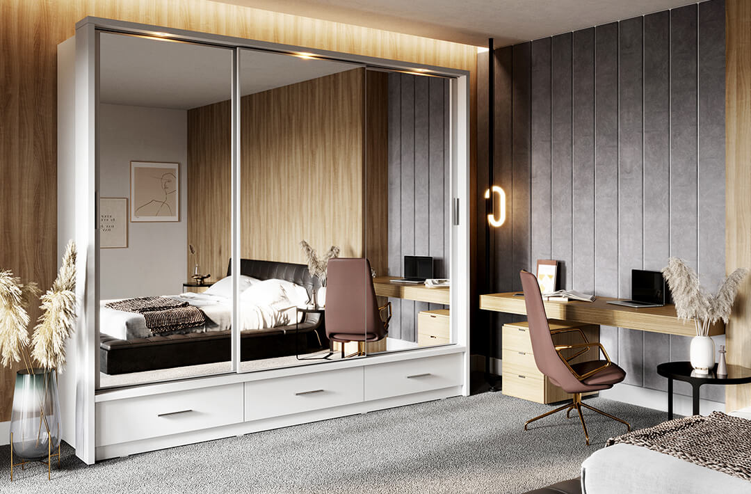 Kleiderschrank A-01-3S, mit Spiegel, LED-Beleuchtung und Schubladen. Farbe wählbar