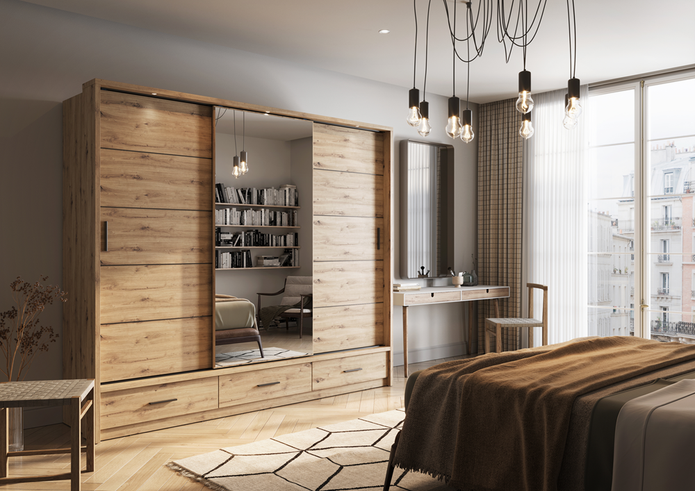 Kleiderschrank A-01, mit Spiegel, LED-Beleuchtung und Schubladen. Farbe wählbar