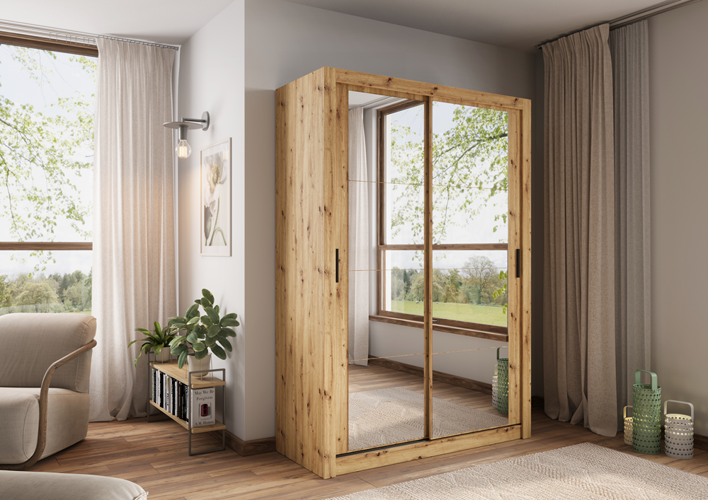 Kleiderschrank A-19, Schwebetürenschrank mit Spiegel. Breite 120 cm. Farbe wählbar