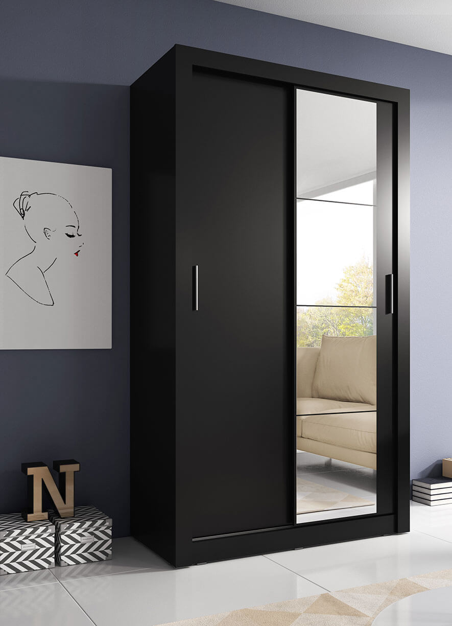 Kleiderschrank A-06, Schwebetürenschrank mit Spiegel. Breite 120cm. Farbe wählbar