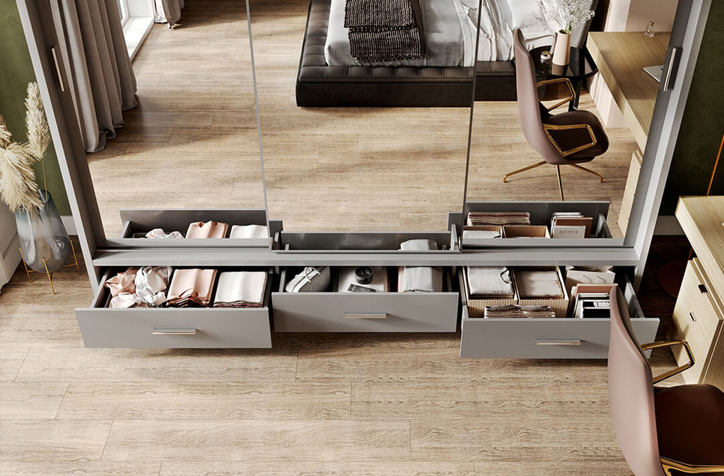 Kleiderschrank A-01-3S, mit Spiegel, LED-Beleuchtung und Schubladen. Farbe wählbar