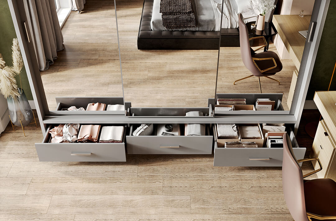 Kleiderschrank A-01-3S, mit Spiegel, LED-Beleuchtung und Schubladen. Farbe wählbar