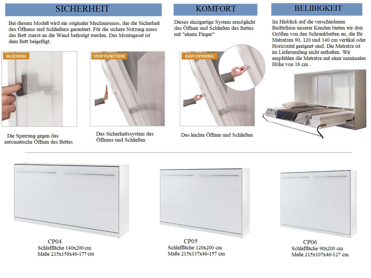 Schrankbett C04, Horizontal, Schlaffläche 140x200cm, Farbe wählbar