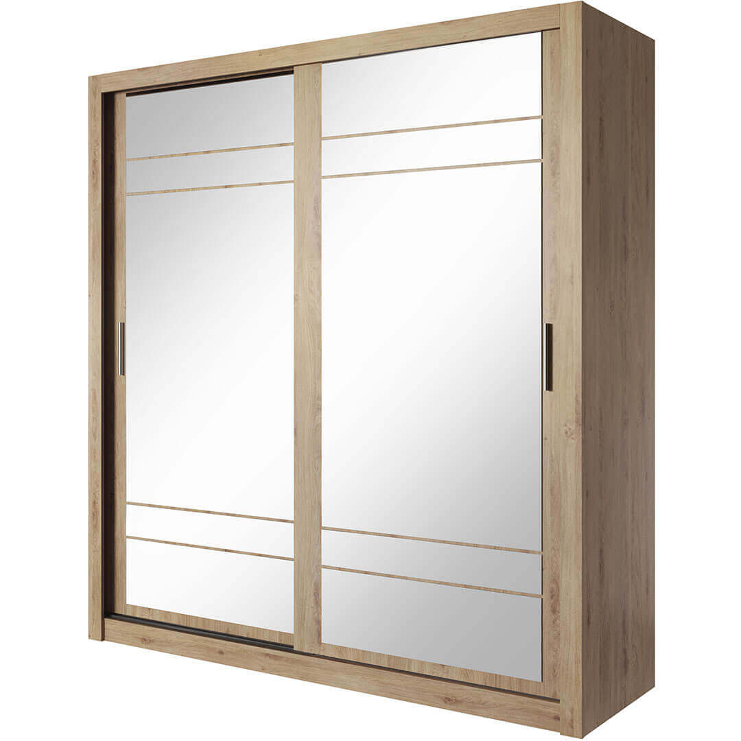 Kleiderschrank A-08, Schwebetürenschrank mit Spiegel. Breite 203 cm. Farbe Shetland