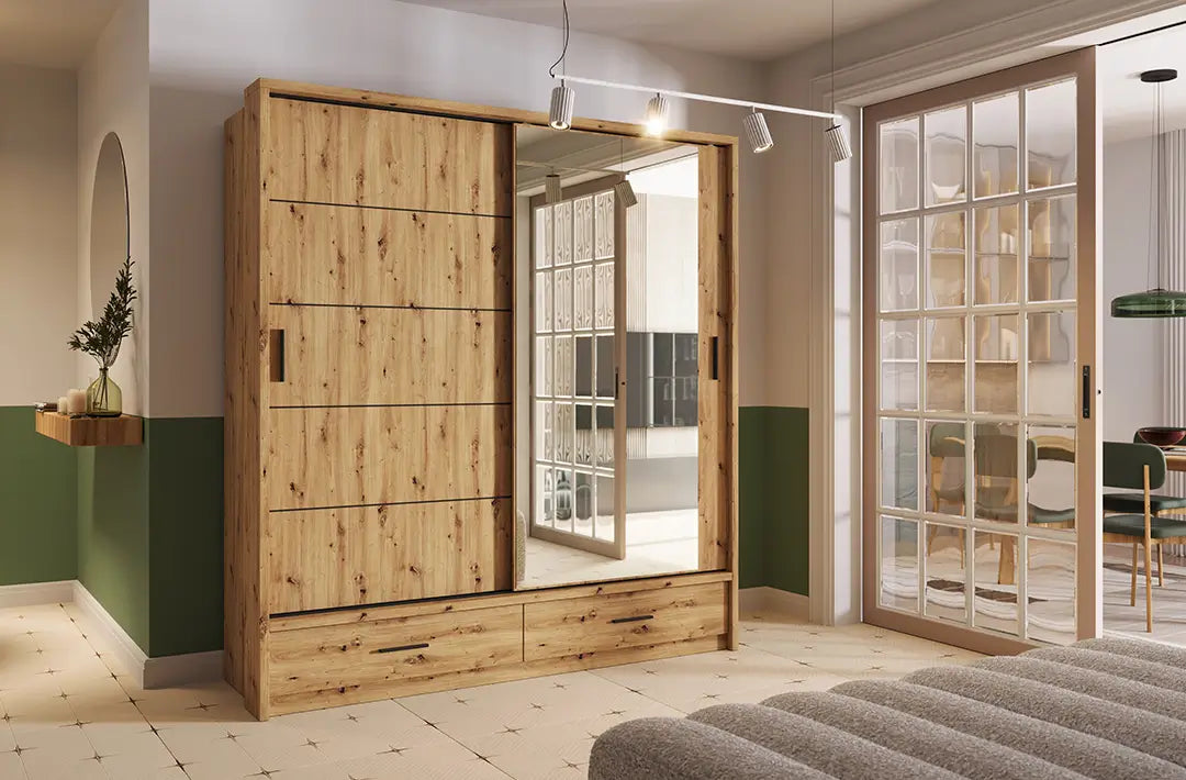 Kleiderschrank A-05, Schwebetürenschrank mit Spiegel, Schubladen , LED. Breite 200cm