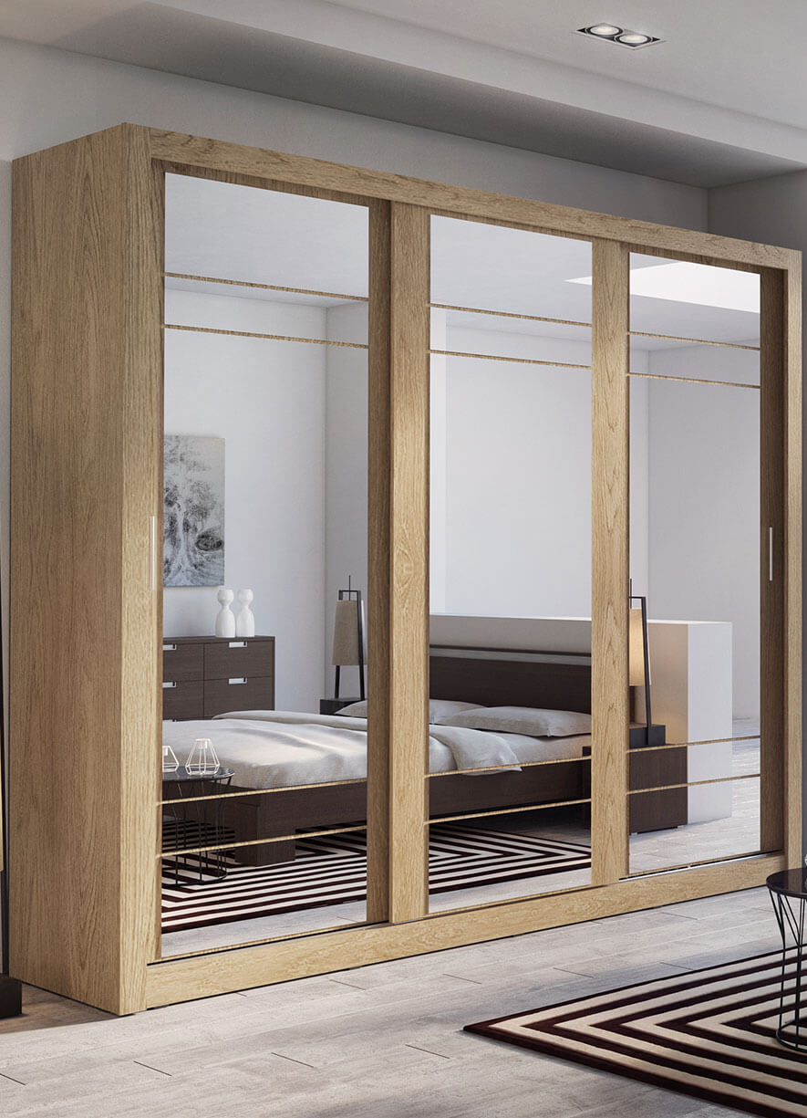 Kleiderschrank A-02, Schwebetürenschrank mit Spiegel. Breite 250 cm. Farbe wählbar