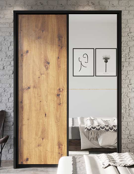 Kleiderschrank A-21, mit Spiegel. Breite 160 cm. Farbe Schwarz/Eiche Artisan