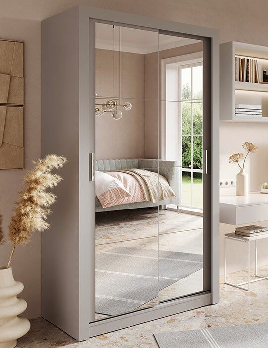 Kleiderschrank A-19, Schwebetürenschrank mit Spiegel. Breite 120 cm. Farbe wählbar