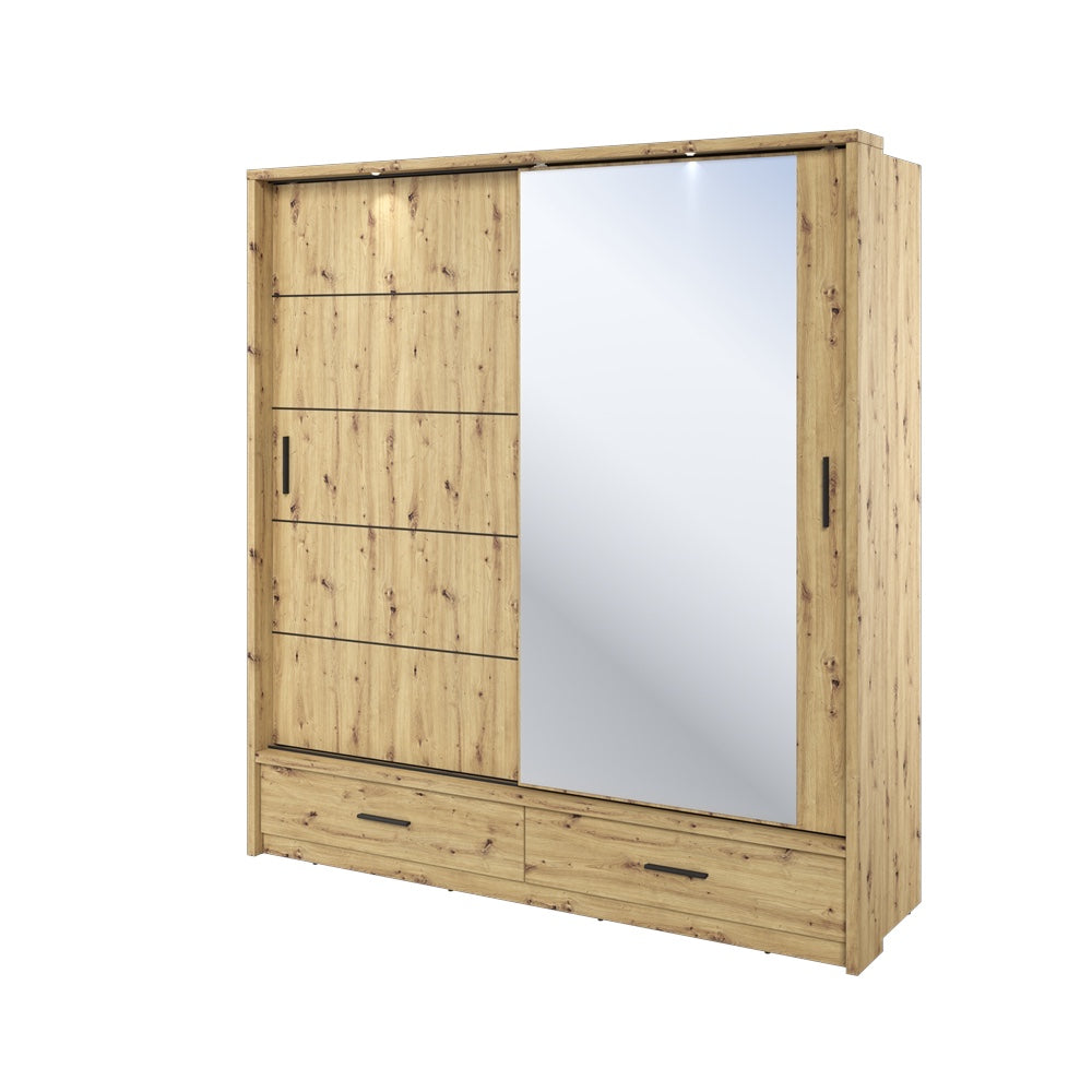 Kleiderschrank A-05, Schwebetürenschrank mit Spiegel, Schubladen , LED. Breite 200cm