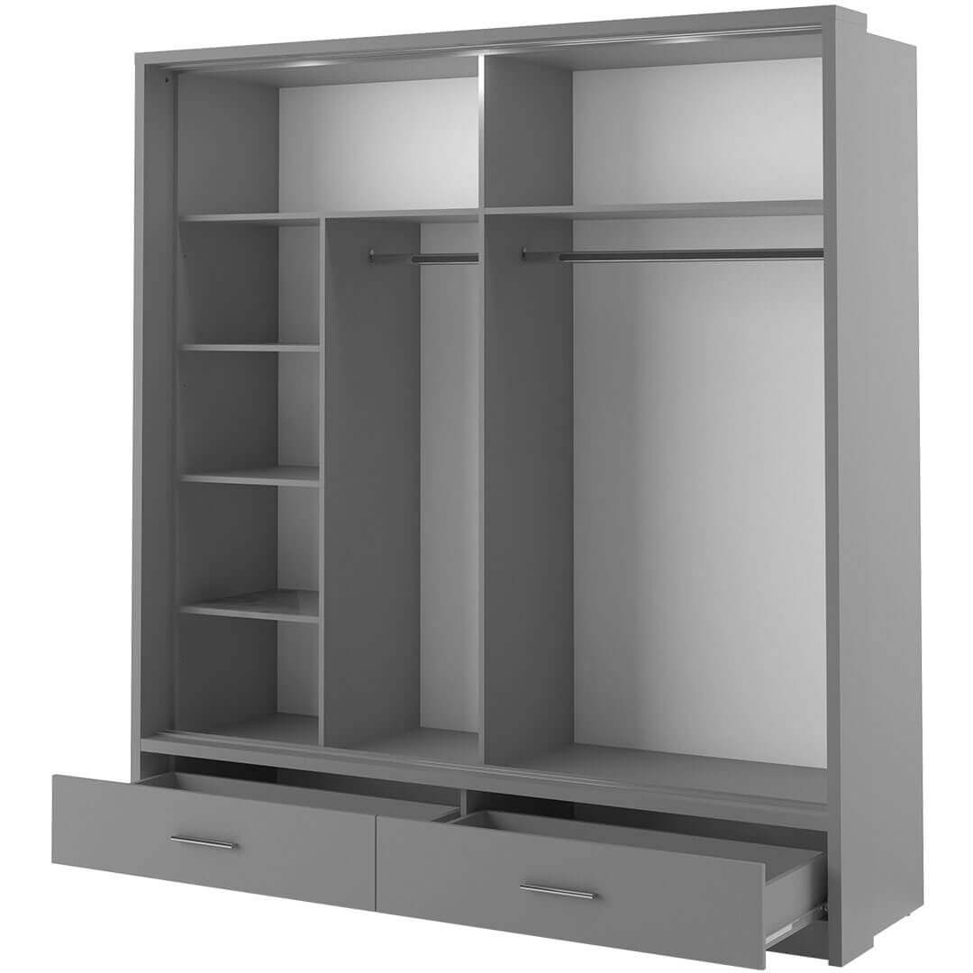 Kleiderschrank A-05, Schwebetürenschrank mit Spiegel, Schubladen , LED. Breite 200cm