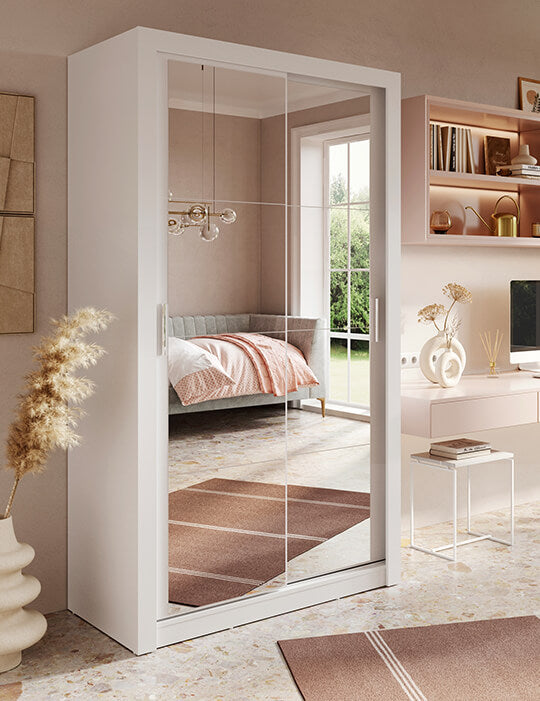 Kleiderschrank A-19, Schwebetürenschrank mit Spiegel. Breite 120 cm. Farbe wählbar