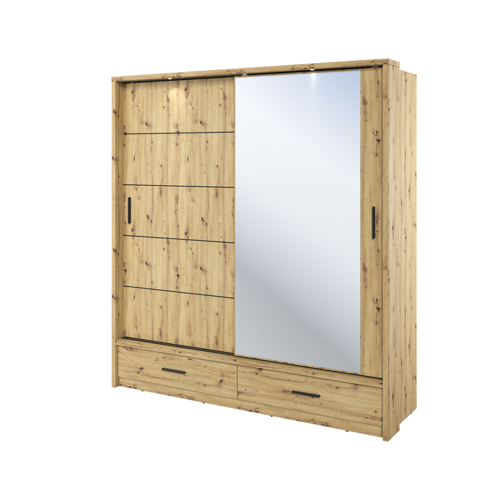 Kleiderschrank A-05, Schwebetürenschrank mit Spiegel, Schubladen , LED. Breite 200cm