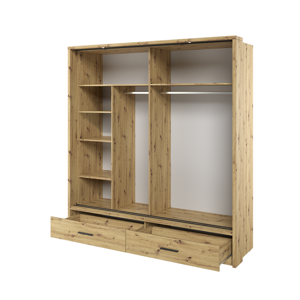 Kleiderschrank A-05, Schwebetürenschrank mit Spiegel, Schubladen , LED. Breite 200cm