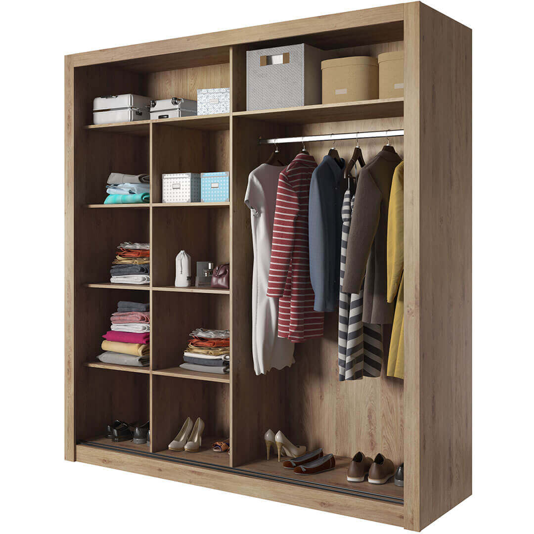 Kleiderschrank A-08, Schwebetürenschrank mit Spiegel. Breite 203 cm. Farbe Shetland