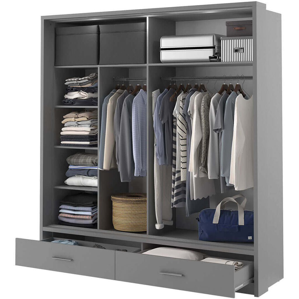 Kleiderschrank A-05, Schwebetürenschrank mit Spiegel, Schubladen , LED. Breite 200cm