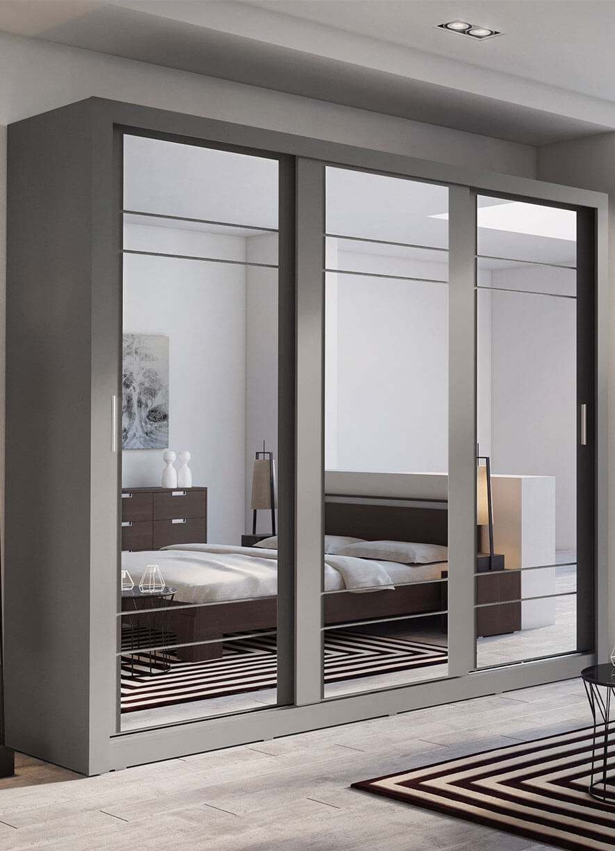Kleiderschrank A-02, Schwebetürenschrank mit Spiegel. Breite 250 cm. Farbe wählbar