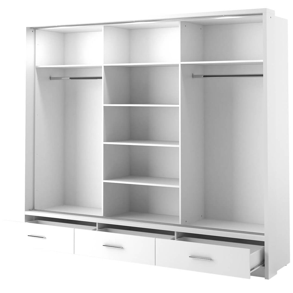 Kleiderschrank A-01-3S, mit Spiegel, LED-Beleuchtung und Schubladen. Farbe wählbar