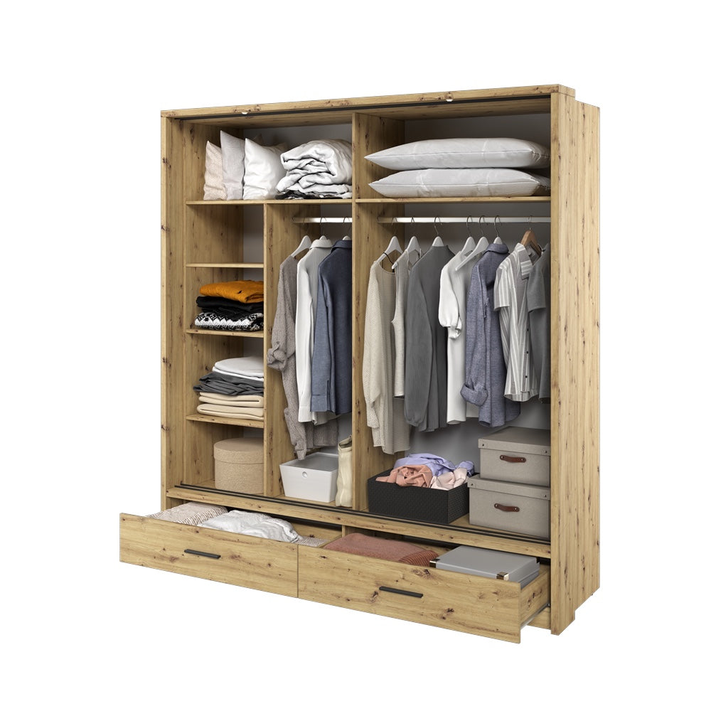 Kleiderschrank A-05, Schwebetürenschrank mit Spiegel, Schubladen , LED. Breite 200cm