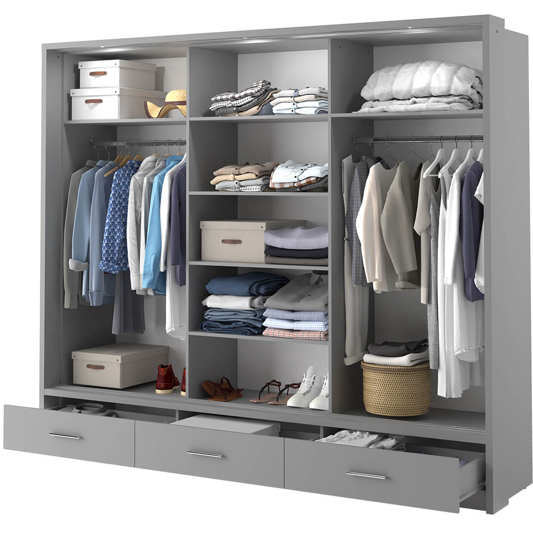 Kleiderschrank A-01-3S, mit Spiegel, LED-Beleuchtung und Schubladen. Farbe wählbar