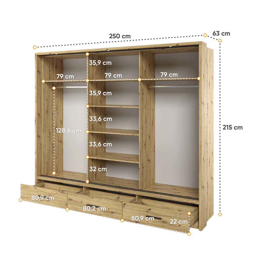 Kleiderschrank A-01, mit Spiegel, LED-Beleuchtung und Schubladen. Farbe wählbar