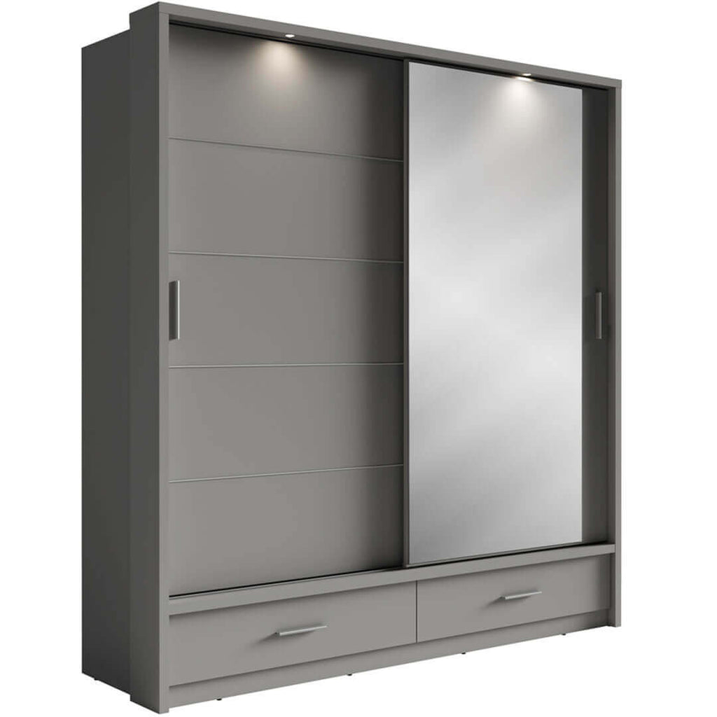 Kleiderschrank A-05, Schwebetürenschrank mit Spiegel, Schubladen , LED. Breite 200cm