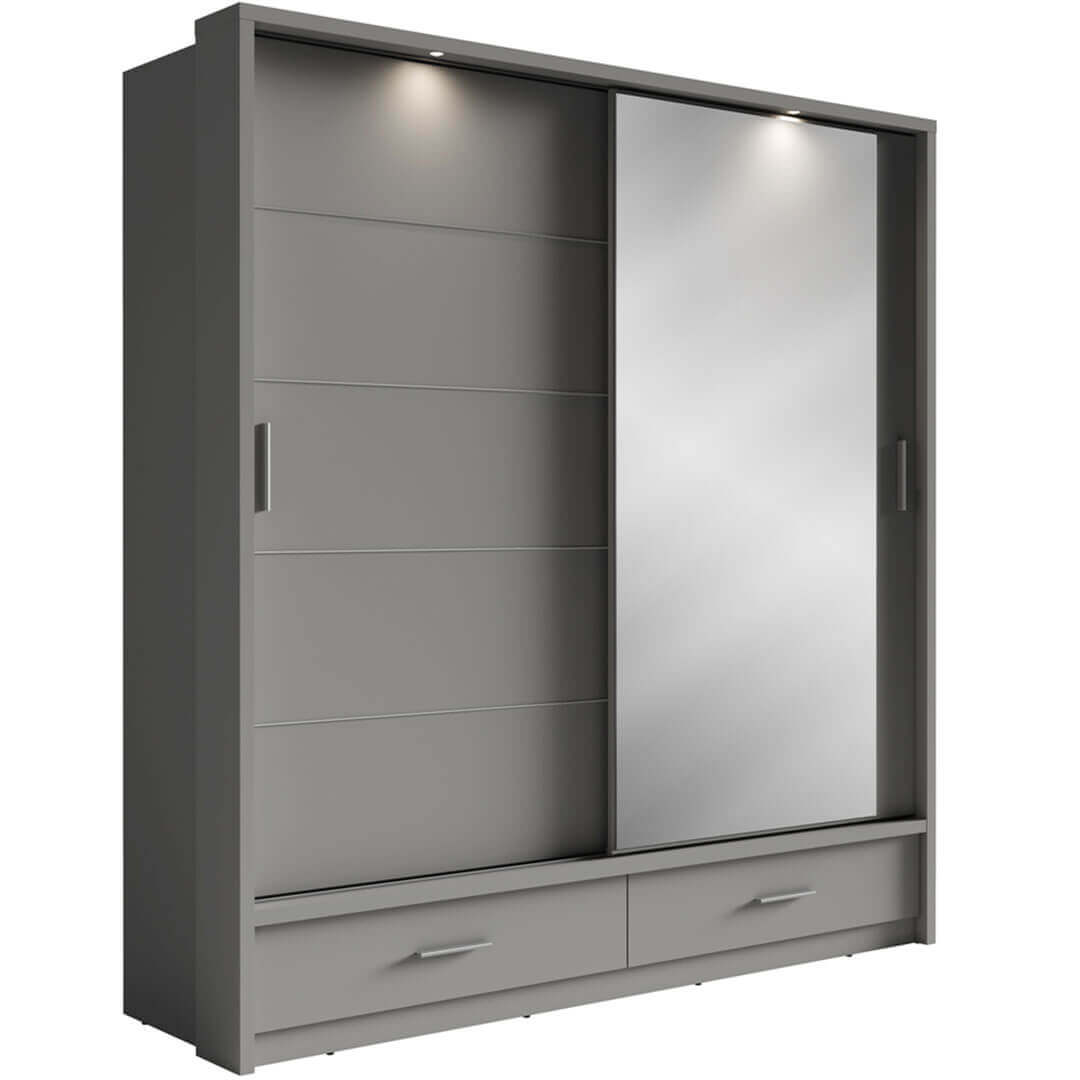 Kleiderschrank A-05, Schwebetürenschrank mit Spiegel, Schubladen , LED. Breite 200cm