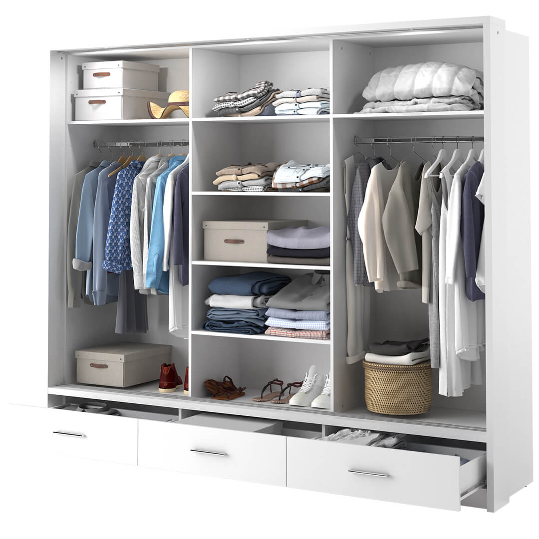 Kleiderschrank A-01-3S, mit Spiegel, LED-Beleuchtung und Schubladen. Farbe wählbar