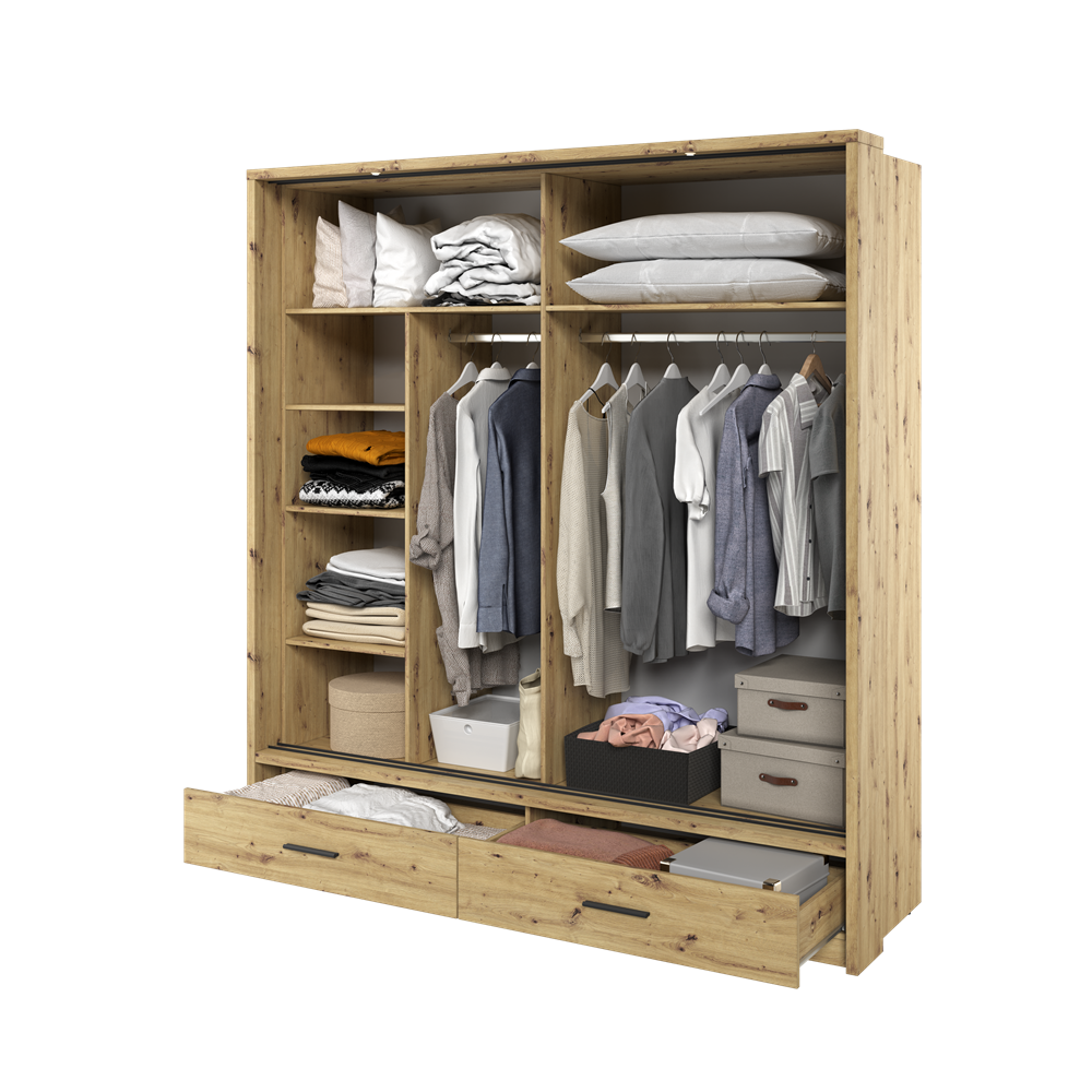 Kleiderschrank A-05, Schwebetürenschrank mit Spiegel, Schubladen , LED. Breite 200cm
