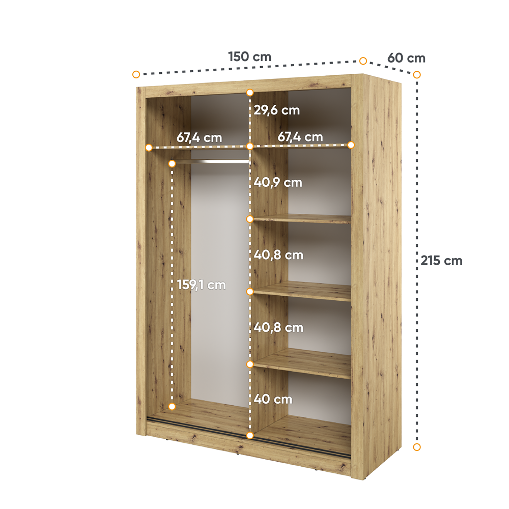 Kleiderschrank , A-18 Schwebetürenschrank mit Spiegel. Breite 150 cm. Farbe wählbar