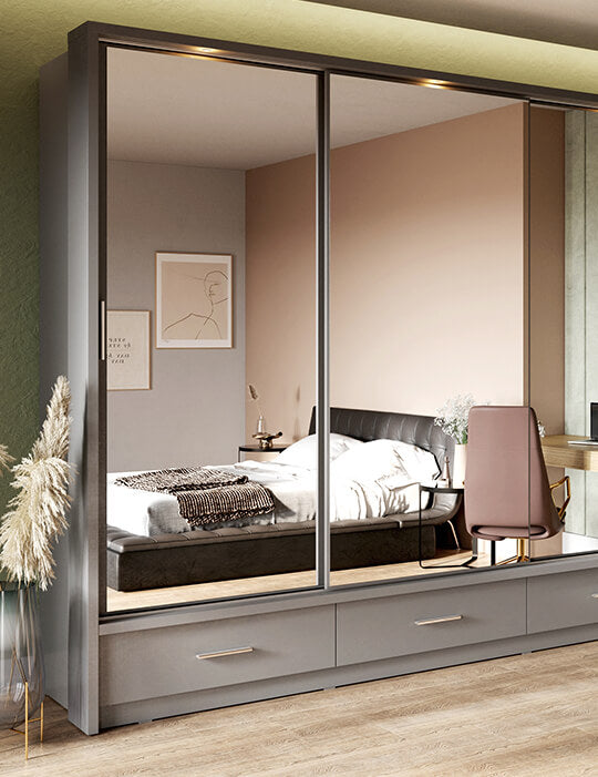 Kleiderschrank A-01-3S, mit Spiegel, LED-Beleuchtung und Schubladen. Farbe wählbar