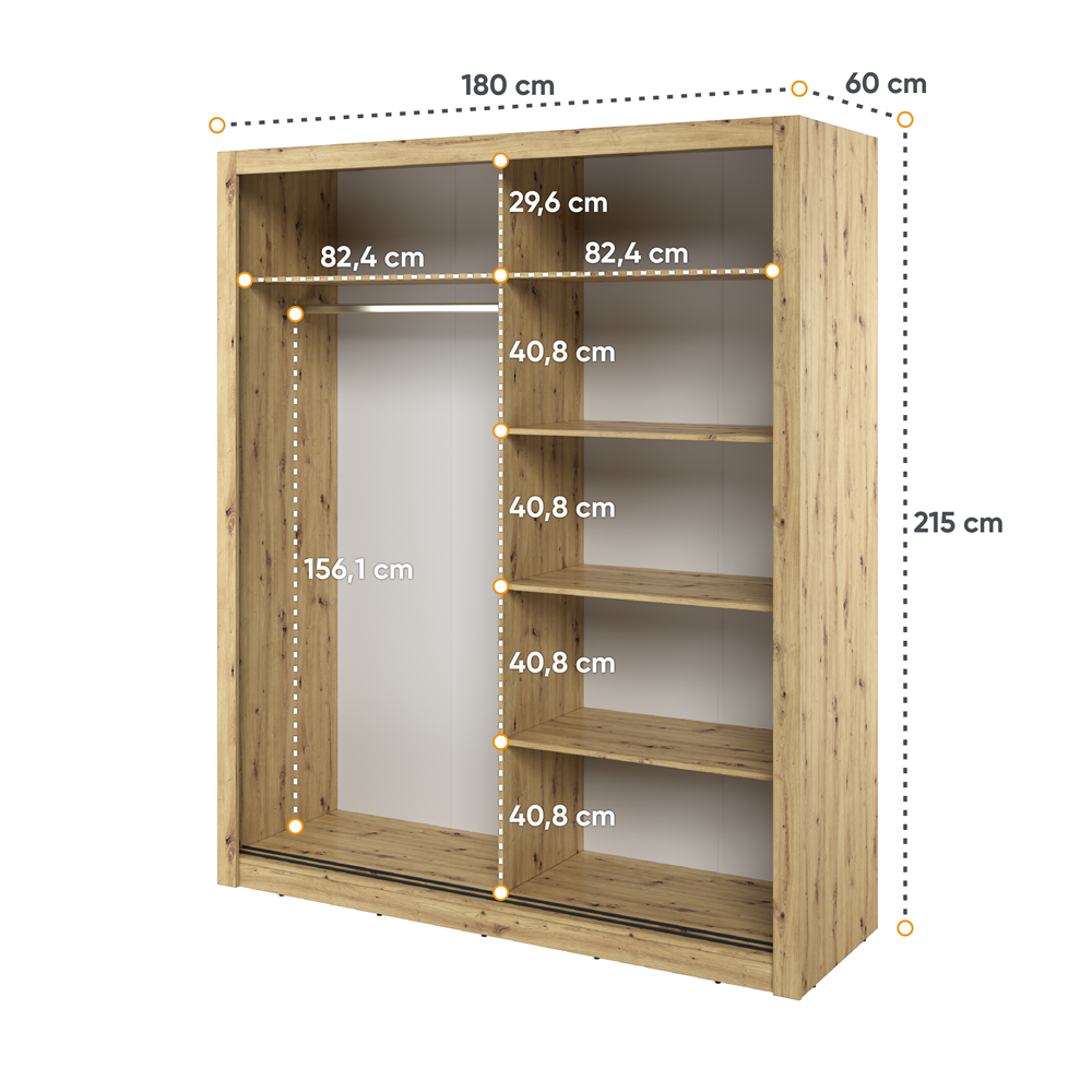 Kleiderschrank A-03, Schwebeturenschrank mit Spiegel, Breite 180 cm , Farbe wählbar