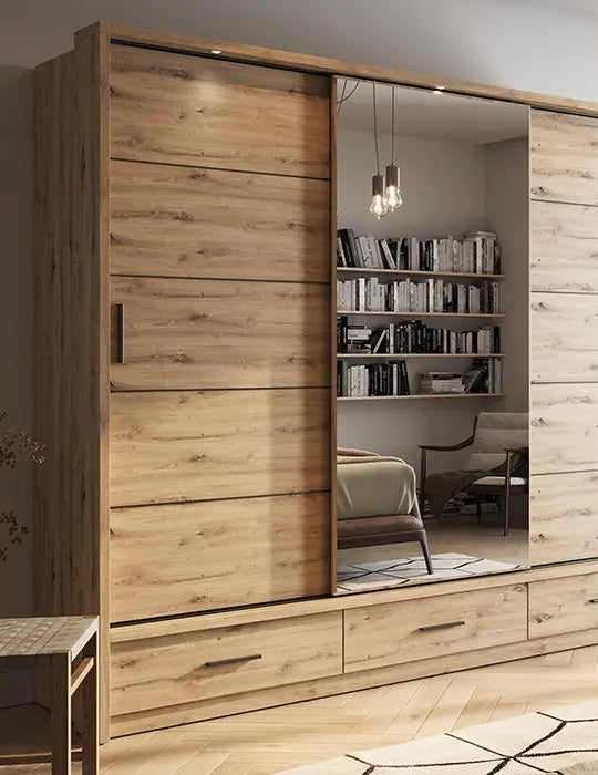 Kleiderschrank A-01, mit Spiegel, LED-Beleuchtung und Schubladen. Farbe wählbar