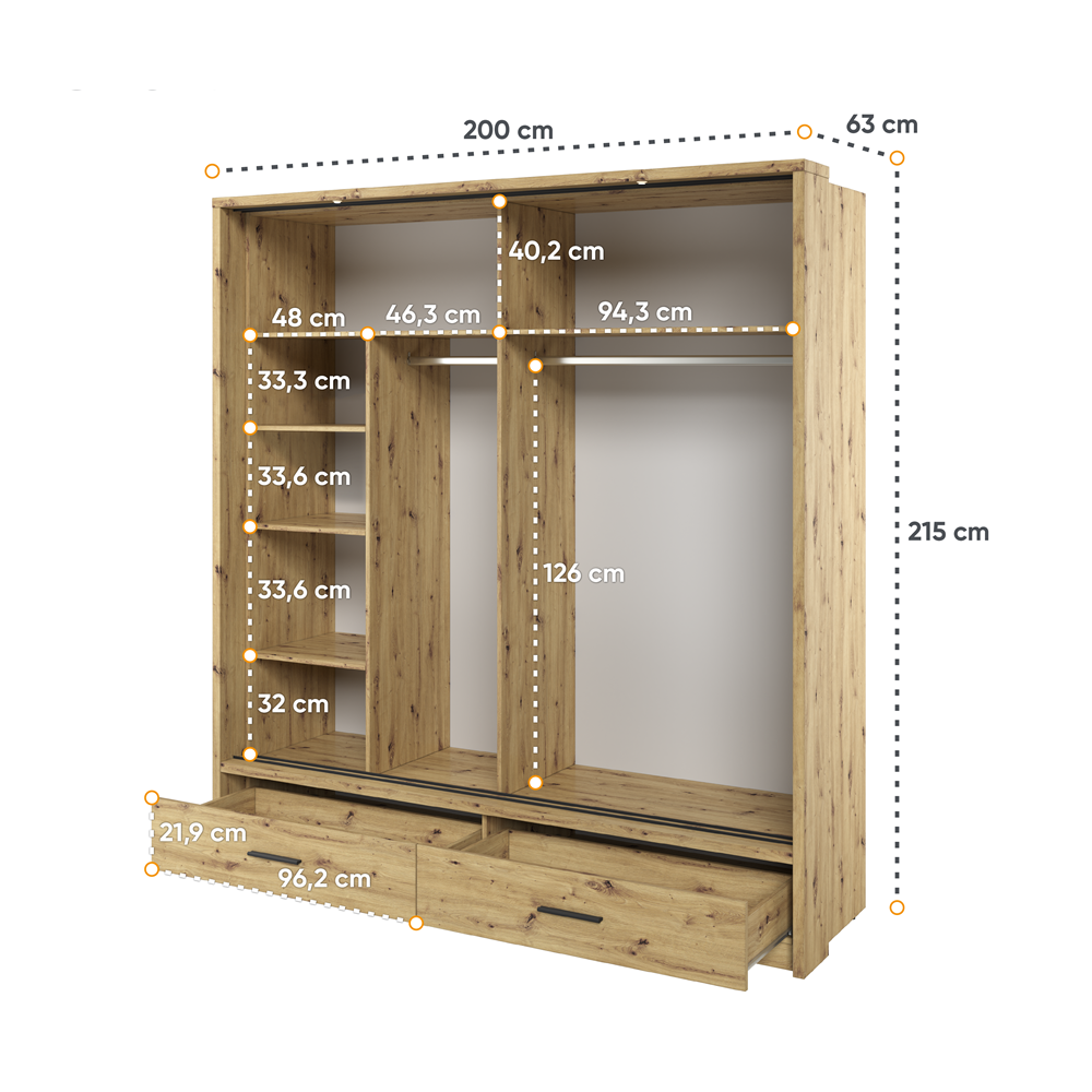 Kleiderschrank A-05, Schwebetürenschrank mit Spiegel, Schubladen , LED. Breite 200cm