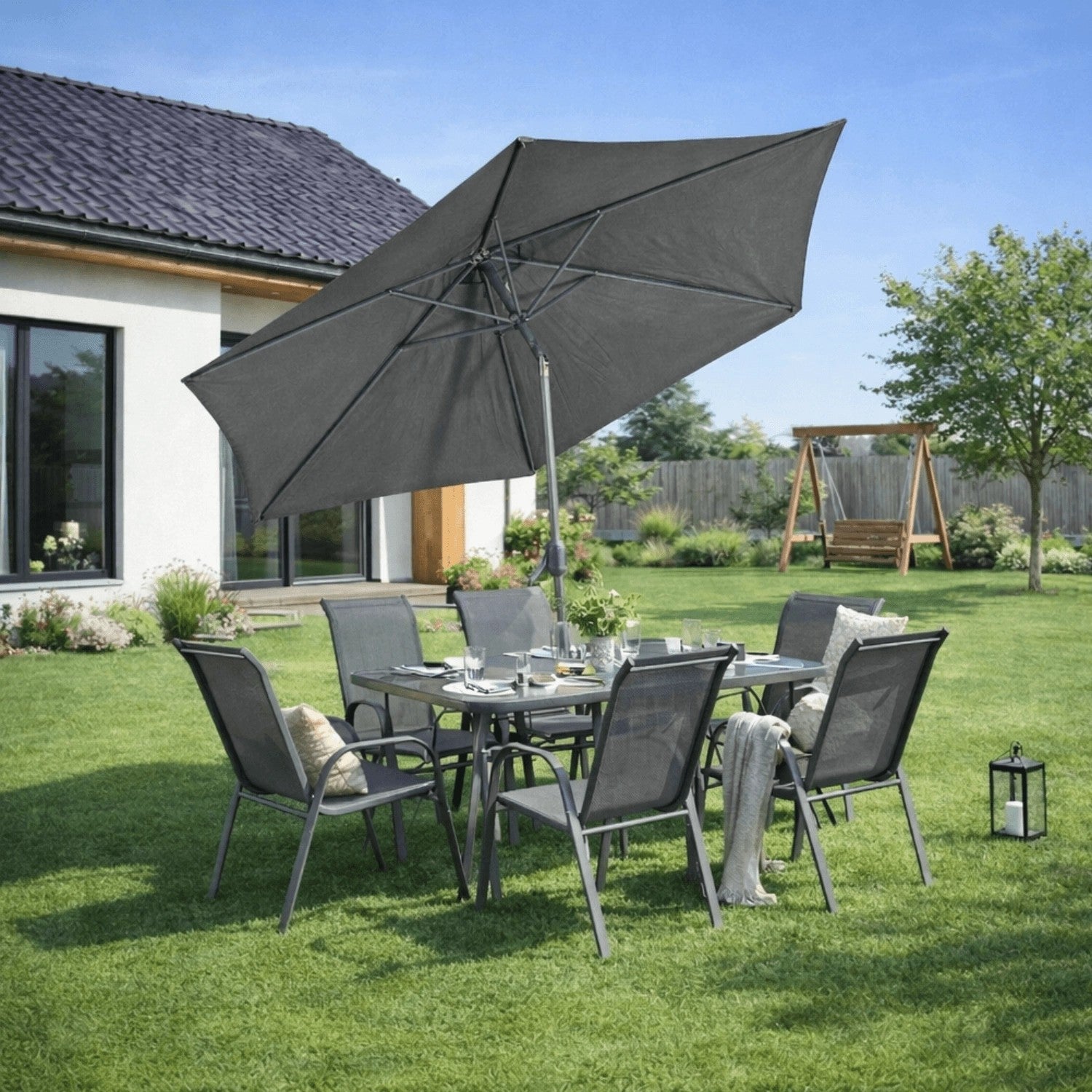 Gartenmöbel Set EL-NEBRA, Farbe  Grau,  6 Stühle mit  Esstisch und  Terrasse Sonnenschirm