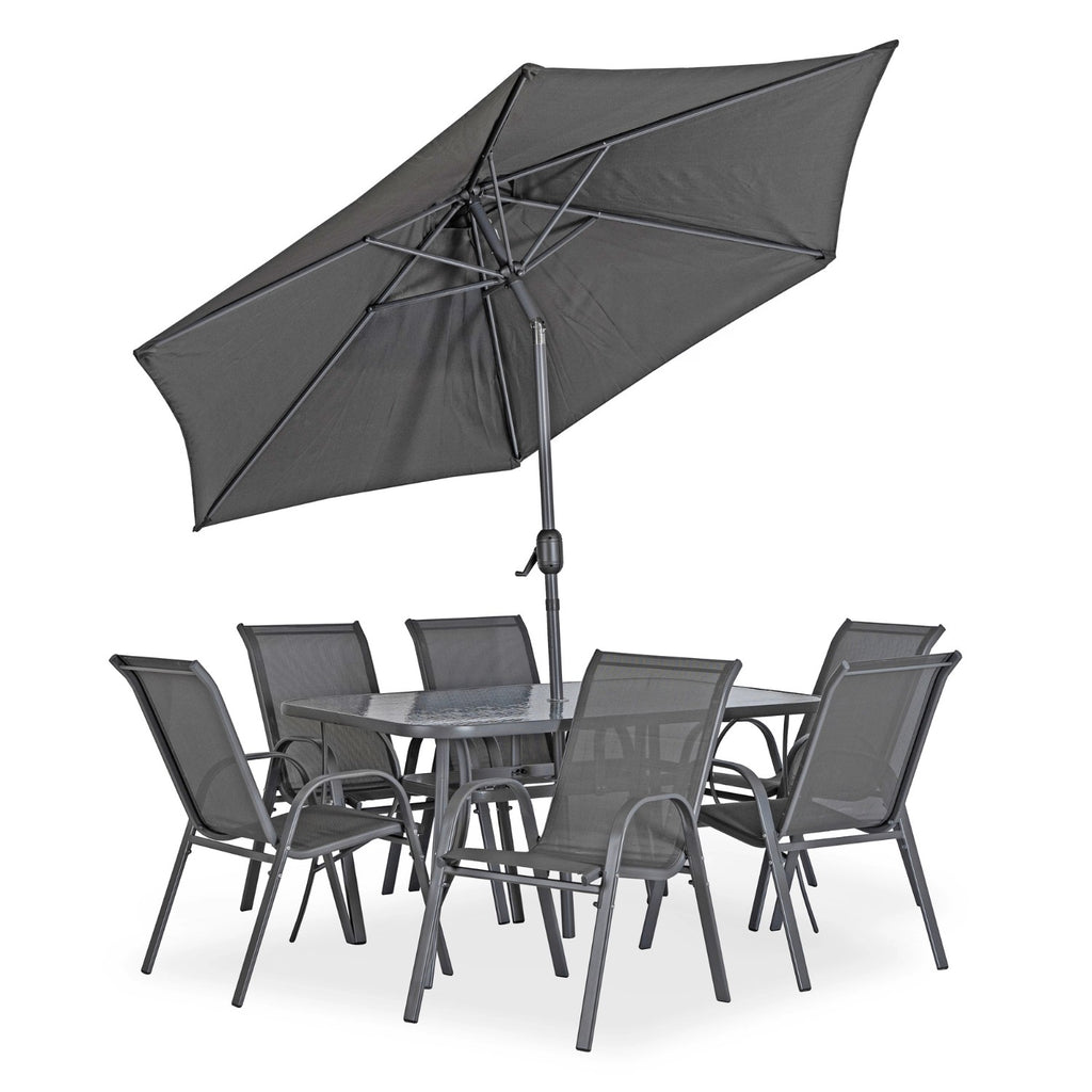 Gartenmöbel Set EL-NEBRA, Farbe  Grau,  6 Stühle mit  Esstisch und  Terrasse Sonnenschirm