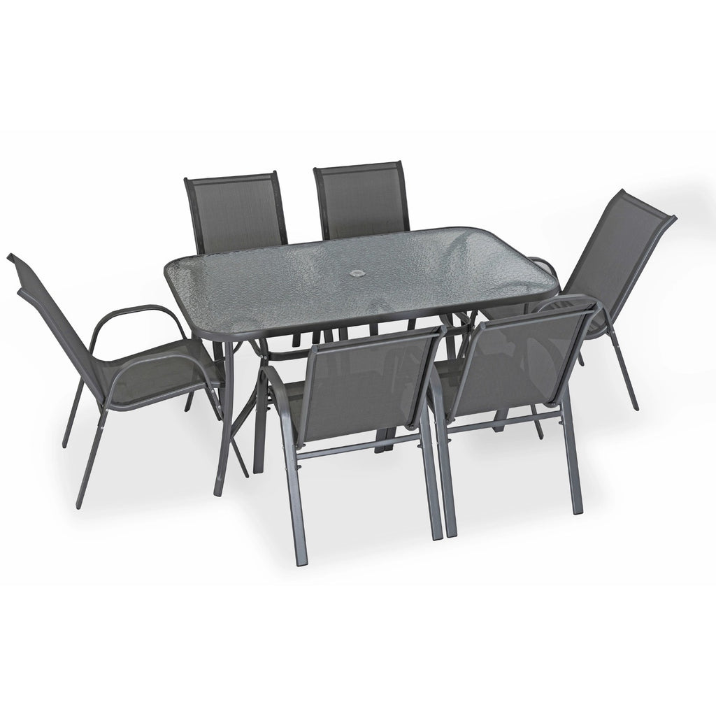 Gartenmöbel Set EL-NEBRA, Farbe  Grau,  6 Stühle mit  Esstisch und  Terrasse Sonnenschirm