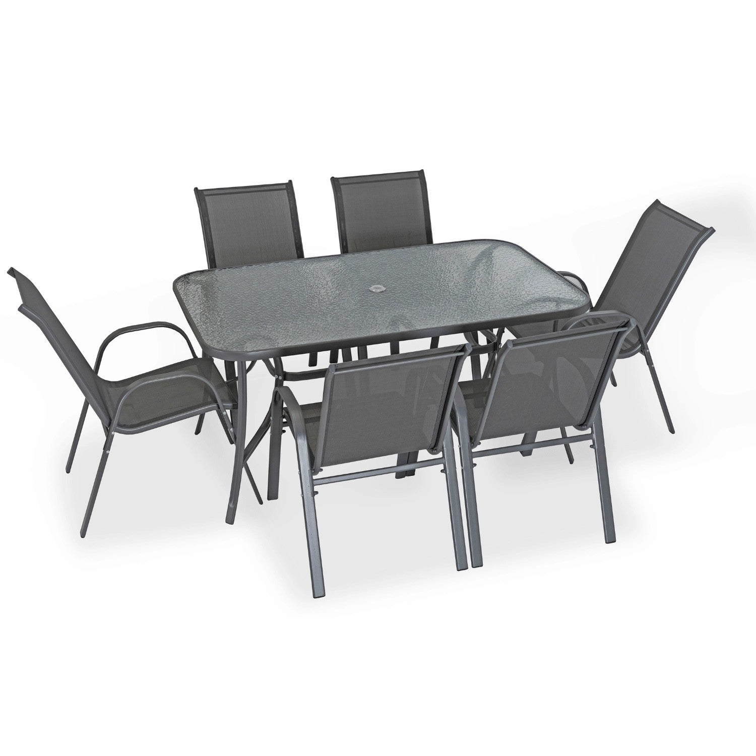 Gartenmöbel Set EL-NEBRA, Farbe  Grau,  6 Stühle mit  Esstisch und  Terrasse Sonnenschirm