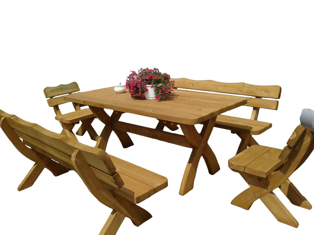Gartenmöbel IM, Holzgartenmöbel, Tisch 180cm + 2 x Bank + 2 x Stuhl